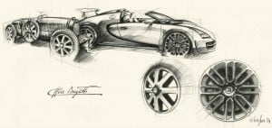 Um dos esquissos do projecto, que mostra o paralelismo existente entre as jantes do modelo actual e as criadas por Ettore para os seus carros de corrida